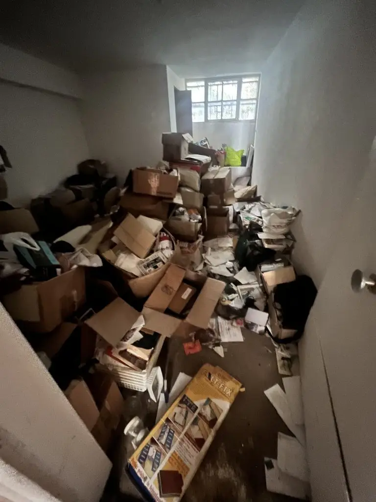 PduF avant - Débarras de Maison Cluttered storage room with overflowing boxes, bags, and papers piling up toward a small window.